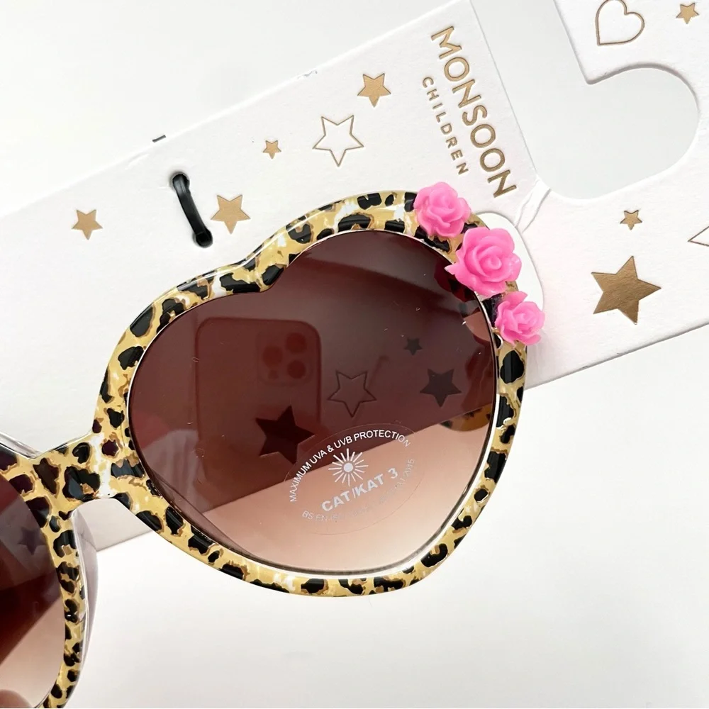 Retro Girls Heart Shape Sunglasses with Leopard Pattern and Roses